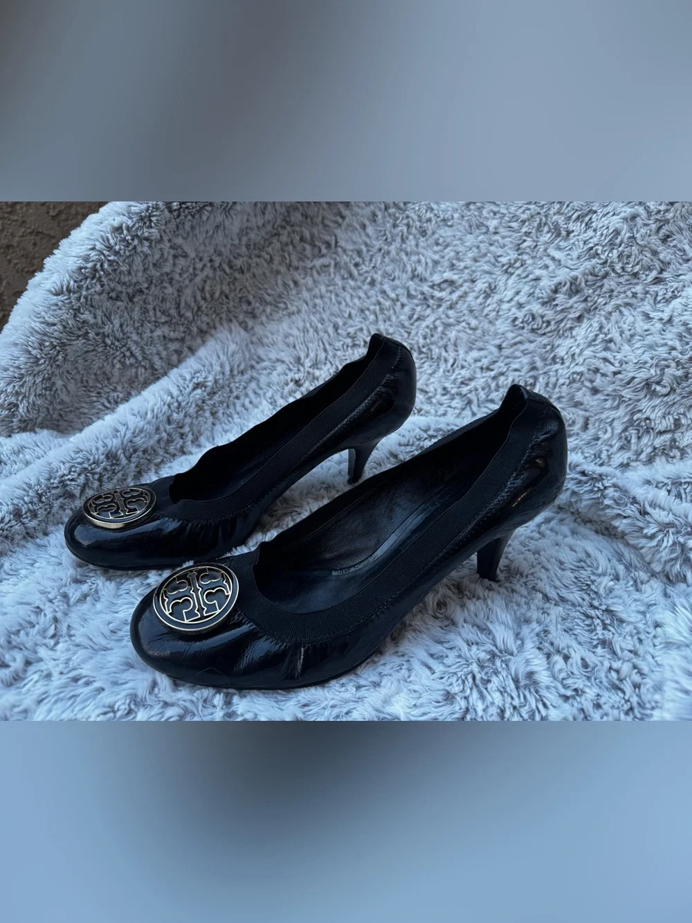 Tory Burch Black Patent Leather Logo Heels with Gold Emblem